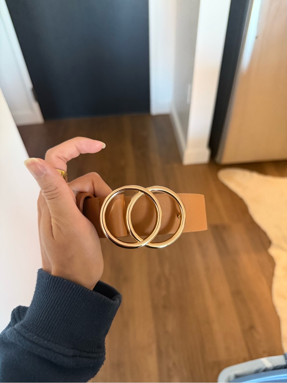 Tan Leather Belt with Gold Interlocking Rings